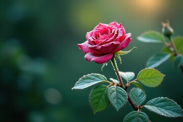 Fototapeta premium Frosty morning dew glistens on green rose leaves, leaves, rose, serene