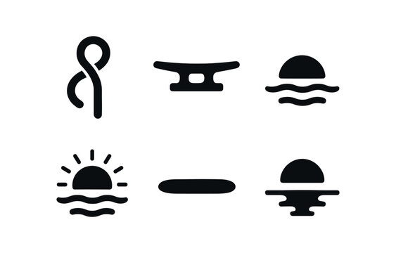 vector solid black filled icons wooden dock sunset (boat mooring): boat rope cleat hook water glow sunset sky shadow smear light rim.