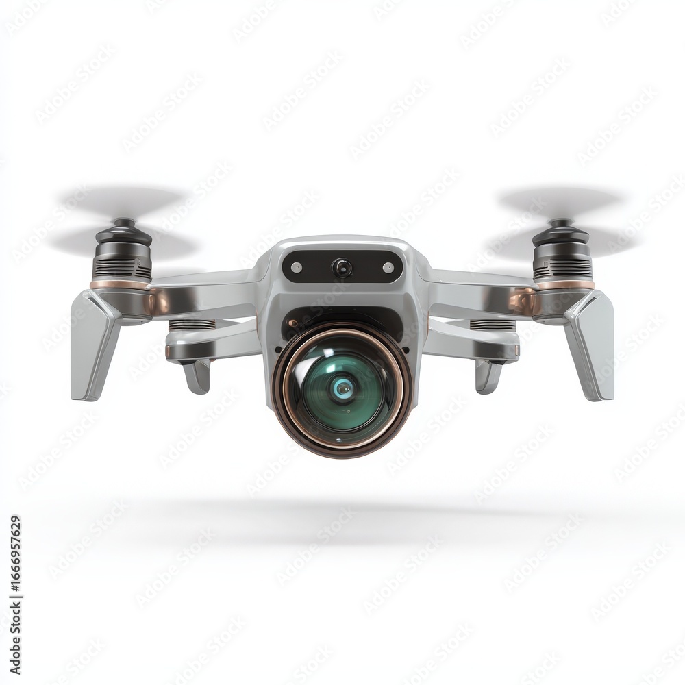 Poster modern drone with high resolution camera hovering in air isolated on white background