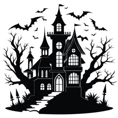 Spooky Halloween Silhouette Haunted Mansion with Bats, Bare Trees, and Cemetery Detail