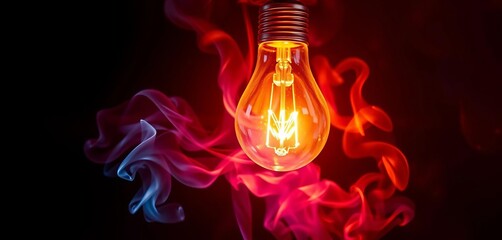 A glowing lightbulb emits vibrant, swirling smoke, purple, creative