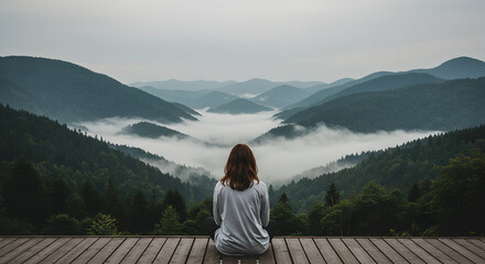 Fototapeta premium Woman sitting on deck overlooking misty mountain valley peaceful serene nature landscape view contemplation tranquility