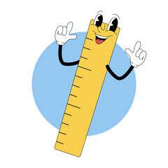 Groovy cartoon ruler character in retro 80s style for school and education illustration
