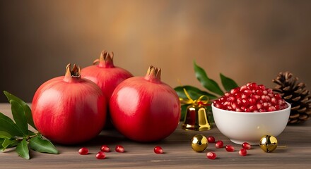 Ripe pomegranates and arils with festive decorations