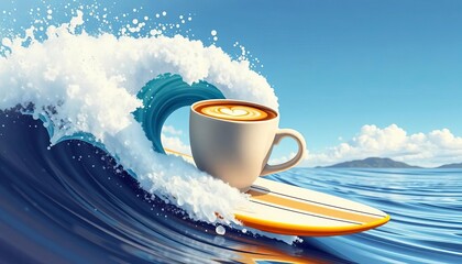 Cappuccino cup wave surfboard vector illustration, holiday, surf