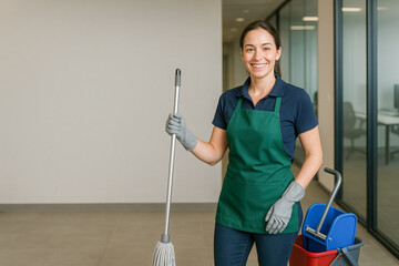 High resolution photo of a smiling woman in apron and gloves holding a mop with a cleaning bucket in an office hallway, symbolizing hygiene, sanitation, chores, and professional cleaning service.