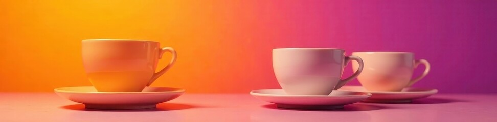 Stacked cups with saucers against an orange and purple background, coffee, orange, tableware