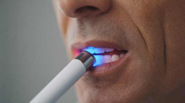 Focused medium shot capturing a photobiomodulation mouthpiece in use illuminating irritated inner cheeks softly blurred surroundings emphasize targeted relief of oral mucositis