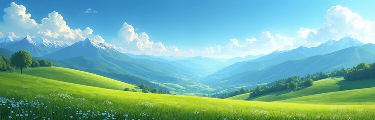 Obraz premium Vibrant green hill slopes ascend towards majestic snow-capped mountains under clear blue sky with fluffy clouds. Serene spring landscape offers tranquil panorama of nature beauty, with valleys,