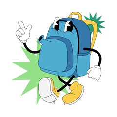 Groovy cartoon school bag character in retro 80s style for school and education illustration