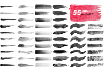 Collection of watercolor brush strokes and splatters isolated on transparent background.