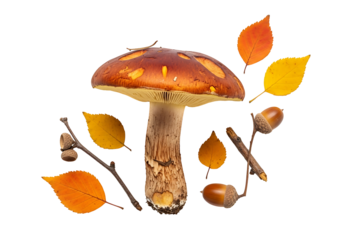 A vibrant, autumnal mushroom, surrounded by fallen leaves and acorns, is set against a dramatic black background.