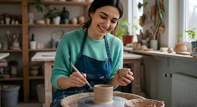 Happy female potter creating beautiful ceramic pottery in her workshop studio artisan craft handmade creativity art