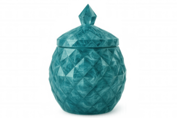 Teal faceted jar with lid, isolated on transparent background, showcasing modern design and craftsmanship