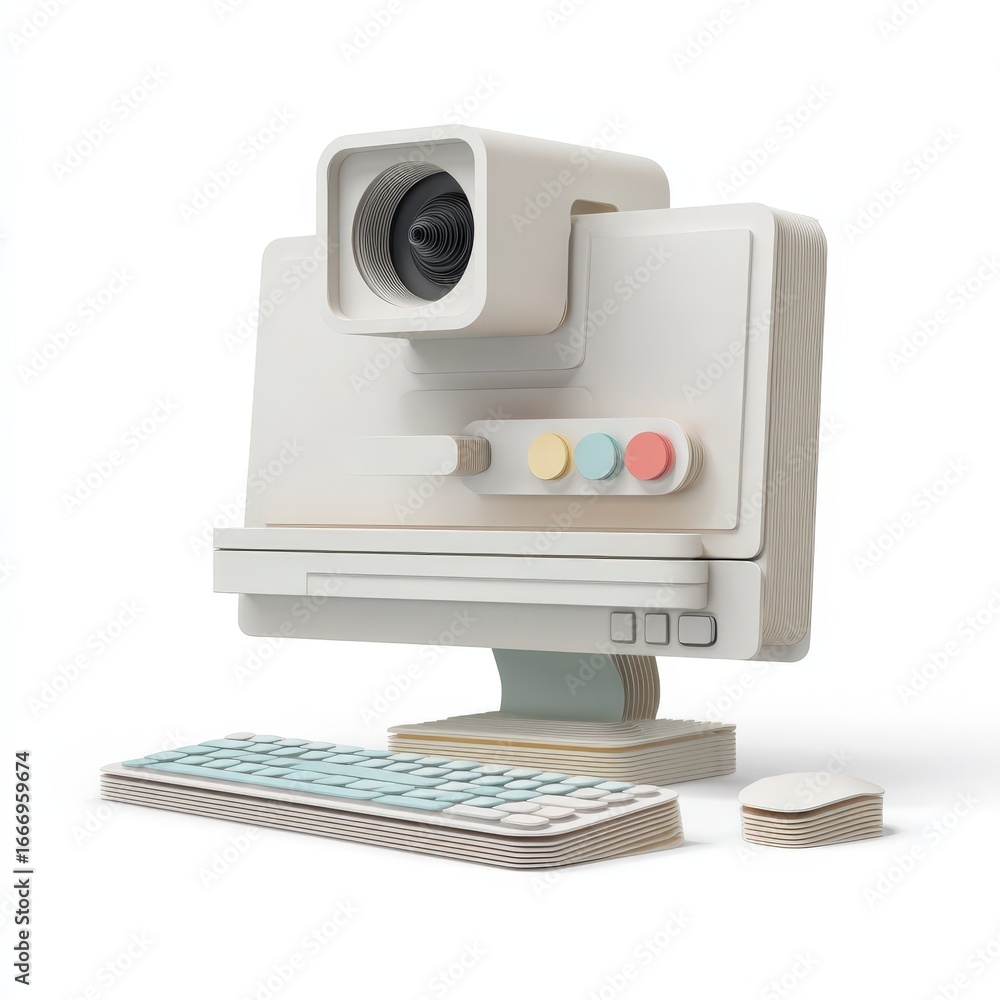 Fototapete retro style computer desktop pc with keyboard and mouse 3d render illustration