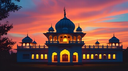 Illuminated Temple Domes at Sunset &ndash; Serene Architectural Landscape