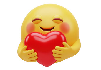 Yellow emoji hugging a red heart isolated on transparent background