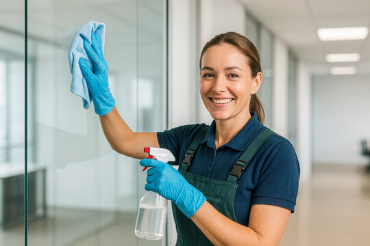 High resolution photo of a smiling woman wearing gloves cleaning a glass surface in an office using a spray bottle, cloth, symbolizing sanitation, hygiene, cleaning chores, professional housekeeping - Powered by Adobe