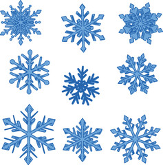 Fototapeta premium Nine blue snowflakes with outlines on a white background winter frost