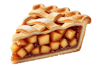 A delectable slice of pie, showcasing a golden-brown, lattice-top crust filled with spiced pieces, bathed in a rich, caramel-colored filling.
