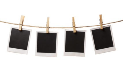 Four Blank Instant Photo Frames Hanging on a Rope – Isolated PNG Clipart on Transparent Background