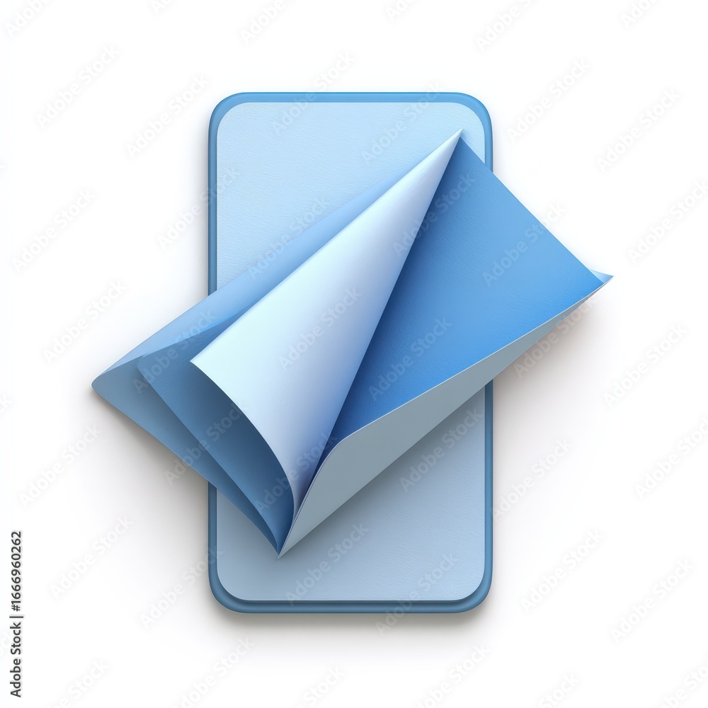 Poster abstract 3d render of blue paper layers peeling off a smartphone screen showing blank space for your
