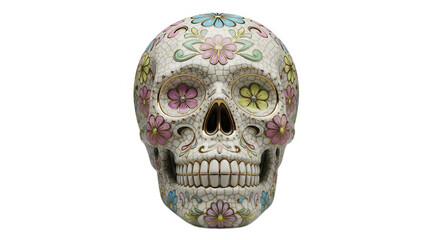 Obraz premium Decorated sugar skull with colorful flowers isolated on transparent background