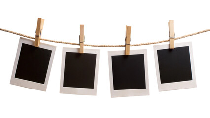 Four Blank Instant Photo Frames Hanging on a Rope – Isolated PNG Clipart on Transparent Background