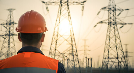 Energy worker contemplating renewable energy future sustainable power grid electricity transmission lines high voltage infrastructure development