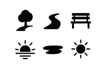 vector solid black filled icons sunset stroll (park path): tree line path curve bench icon sun arc shadow smear light rim.