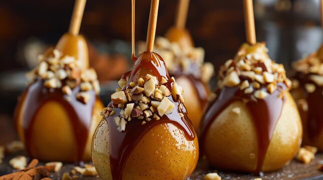Sequence of caramel-coated pears on sticks, adorned with nuts, highlighting the dessert preparation process and enticing visual appeal