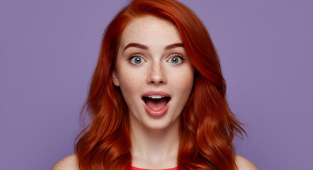 Fototapeta premium Surprised redhead woman open mouth wow face expression amazed reaction girl portrait studio shot