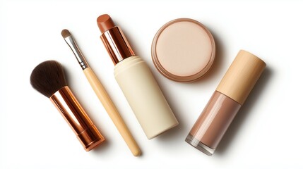 Flat lay of foundation, lipstick, brushes, and powder on white background.
