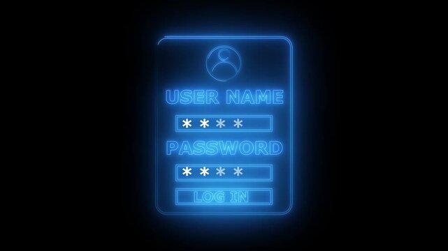 Neon User-name and password fields icon animation.Includes fields for account creation, user ID, password, identity verification concept....4k