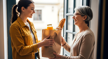 Young woman delivering groceries to a smiling senior woman at her doorstep showing care and support for elderly neighbor