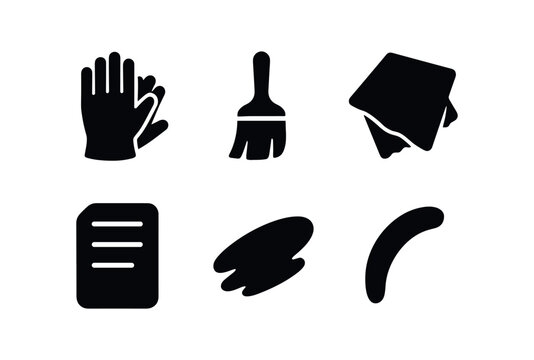 vector solid black filled icons archivist (preservation): glove pair brush tip cleaning cloth document pad shadow smear highlight rim.
