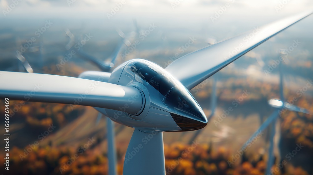 Poster focused view of a single wind turbine nacelle and rotor from a medium distance with the surrounding 
