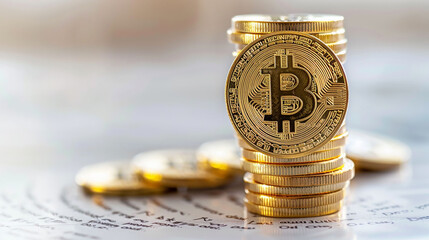 A detailed close-up of stacked Bitcoin coins and various other digital currencies, symbolizing the decentralized world of virtual finance, investment, and the evolving landscape of modern economy.