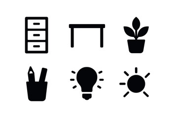 vector solid black filled icons filing cabinet (minimal style): white cabinet clean desk plant pen holder light wall sunlight.