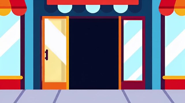 Storefront illustration with an open door and large clear windows on either side