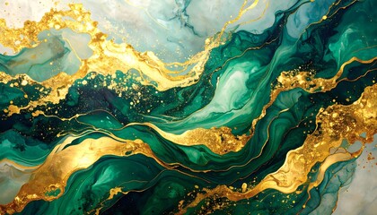 Emerald Green and Gold Abstract Fluid Art: Luxurious, Elegant, and Modern