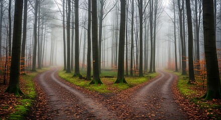 Fototapeta premium A fork in the forest path on a foggy day