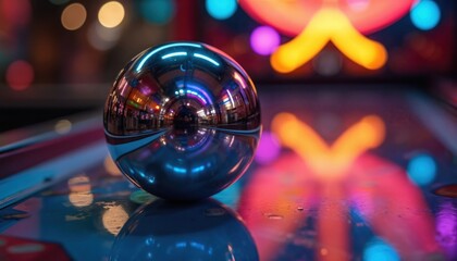 Shiny chrome pinball rests on arcade table. Neon lights reflect vibrant colors on metal sphere. Blurred background with illuminated retro shapes creates exciting gaming atmosphere.
