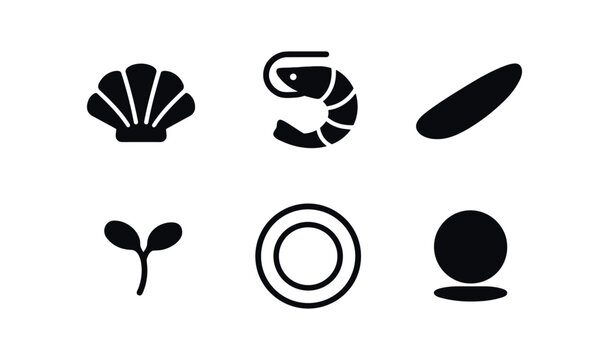 vector solid black filled icons gourmet dinner plate (seafood trio): shell curve prawn outline sauce smear microgreen plate rim shadow smear.