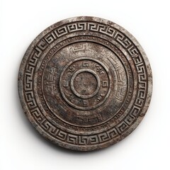 Fototapeta premium Antique Rusted Metal Disc with Greek Key Border Design Circular Grunge Texture