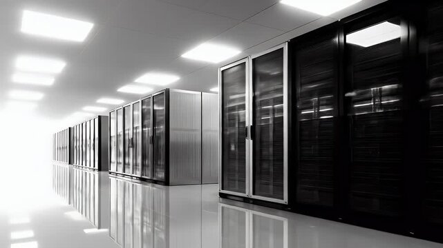 A server room interior, lined with rows of metal cabinets