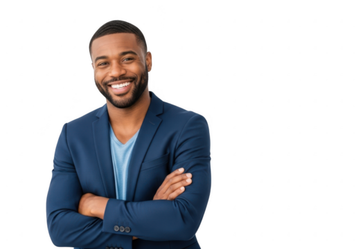 Smiling man with arms crossed wearing a blue blazer isolated on transparent background