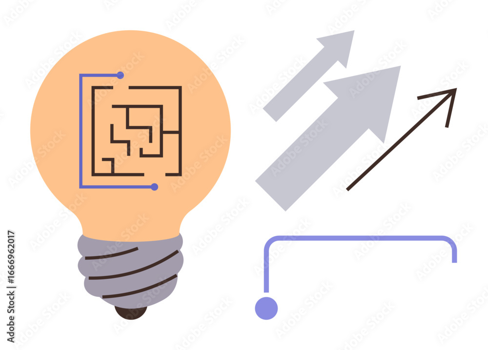 Poster lightbulb with circuit design inside, upward arrows symbolizing progress and growth, and a line with