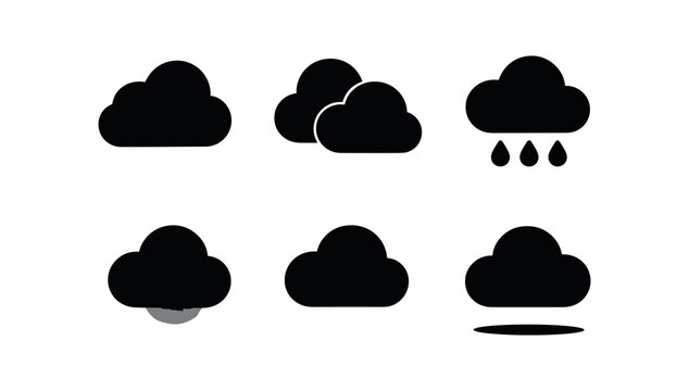 vector solid black filled icons meteorologist (cloud formation): cloud clusters shadow shading light rim raindrop icons sky gradient shadow smear.