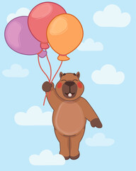 Funny cartoon capybara with colored balloons. Сapybara illustration for postcard, stickers, greeting card, invitation card, birthday party invitation, poster